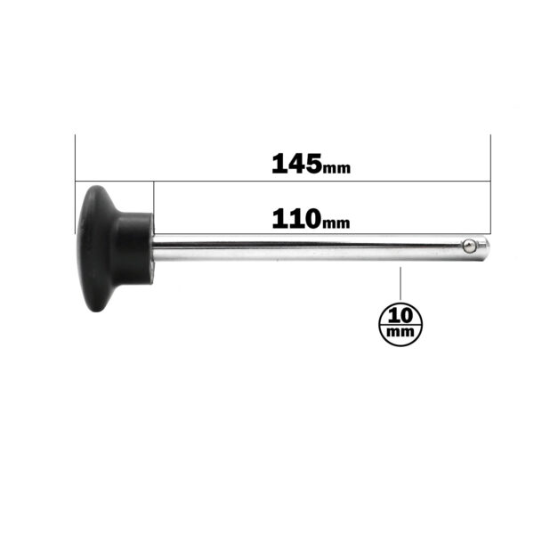 Image of a Locking Pin featuring a metal rod with a 110mm length and 10mm diameter black rubber stopper, total length 145mm. A small pinhole is near the rods other end.
