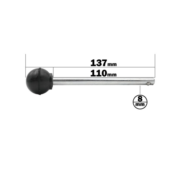 A Locking Pin 110mm D8mm, featuring a metal rod with a black spherical handle, is displayed. Measurements show a total length of 137 mm (including the handle), 110 mm (excluding the handle), and an 8 mm diameter.