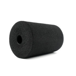 A horizontally positioned black Foam Roller 100 x 150mm with a textured surface and hollow center on a plain white background.