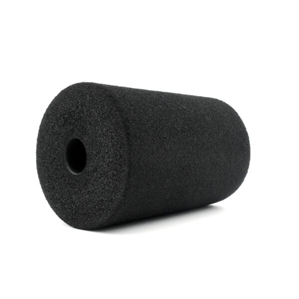 A horizontally positioned black Foam Roller 100 x 150mm with a textured surface and hollow center on a plain white background.