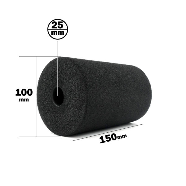 The Foam Roller 100 x 150mm is a black foam cylinder measuring 100mm in height and 150mm in length, with a central hole diameter of 25mm.