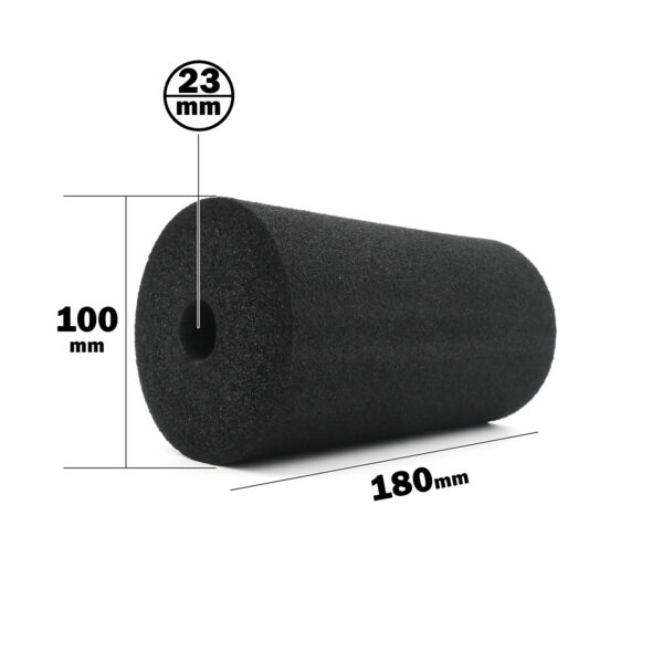 Foam Roller 100 x 180mm: black foam cylinder with dimensions of 180mm length, 100mm diameter, and a central hole of 23mm diameter.