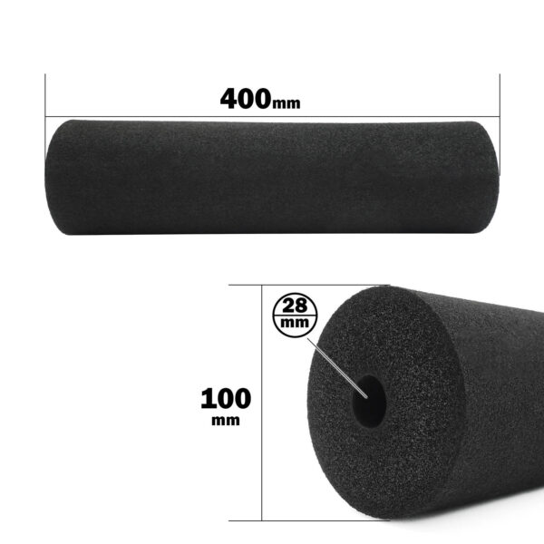 The Foam Roller 100 x 400mm is shown as a black cylinder with dimensions: 400mm in length, 100mm in diameter, and a 28mm central hollow core, highlighting its size and structure.