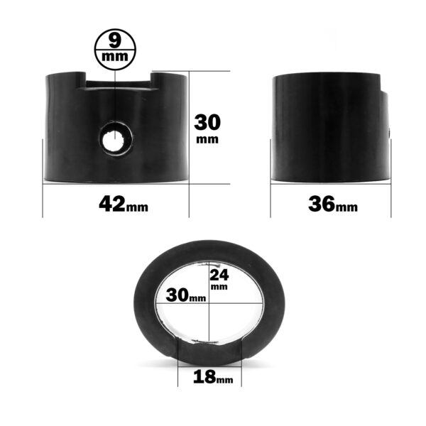 Diagram of Treadmill Deck Spring: cylindrical form with 9mm top hole diameter, 30mm height, sections of 42mm and 36mm diameter, and circular openings at 30mm, 24mm, and 18mm dimensions highlighted.