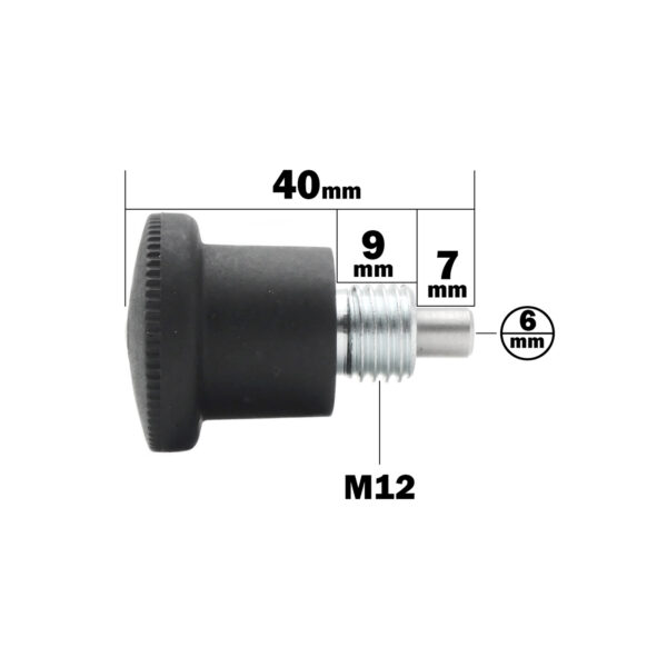 An image shows a black cylindrical knob named Pop Pin M12 15mm, featuring measurements: knob diameter of 40mm and a threaded metal part with dimensions of 9mm, 7mm, and 6mm, marked with an M12 thread specification.