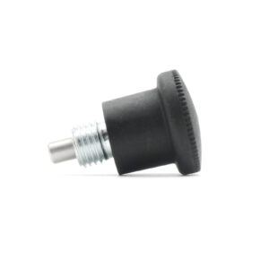 A Pop Pin M12 15mm, featuring a black threaded knob with a metal screw, is shown on its side against a white background. The knob has a ridged edge for grip.