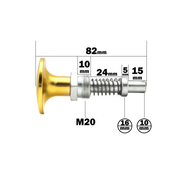 A side view of the Pop Pin M20 6933 shows a metal spring plunger with a yellow knob. Dimensions: overall length 82mm, knob thickness 10mm, body length 24mm, spring length 5mm, pin part length 15mm, knob diameter 16mm, post diameter 10mm. Thread size is M20.