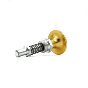 The Pop Pin M20 6933, featuring a metallic bolt, coiled spring, and a golden circular disk at one end, is set against a white background.