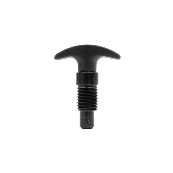 The Pop Pin M20 2.5 Thread is a black, T-shaped crank handle bolt with a threaded stem, featuring a smooth and easy-grip design for tightening or loosening machinery parts. The background is plain white.