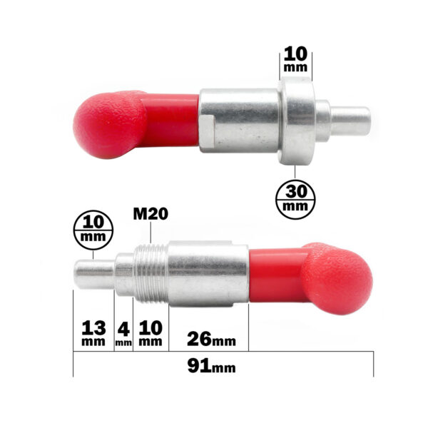 The Pop Pin M20 30mm features two metal and red plastic components with measurement annotations. The top components diameters are 10mm and 30mm. The bottom displays measurements of 10mm, 13mm, 4mm, 26mm, and 91mm.