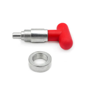 The Pop Pin M20 30mm features a T-shaped red handle arranged horizontally and includes a metallic cylindrical body with a threaded end, plus a separate circular nut with internal threading.