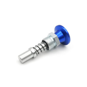 The Pop Pin M20 55mm 8131 features a metal bolt with a spring and a blue circular knob, resting on a white background. The blue knob contrasts with the metallic components, which include a threaded section and cylindrical end.