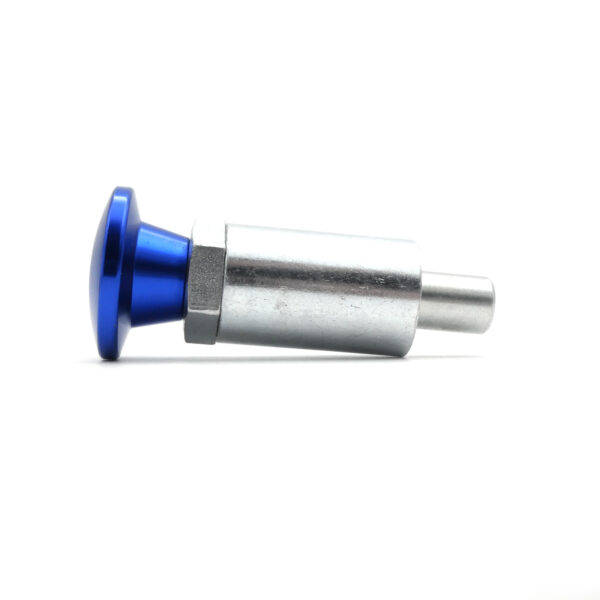 An industrial Pop Pin M20 55mm 8131 with a silver cylindrical body and a flat, circular blue head is displayed horizontally against a white background.