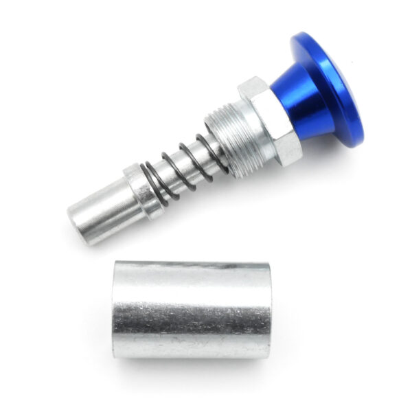 Close-up of the Pop Pin M20 55mm 8131 showing a blue knob, threaded section, and spring. Below is a separate cylindrical metal piece, possibly a cover or fitting for the component, against a plain white background.