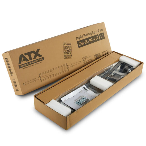A cardboard box labeled ATX® Angular Multi Grip Bar - 50 mm is opened, revealing the partially unpacked bar. The box includes assembly instructions, a small pack of screws, and white foam padding for protection.