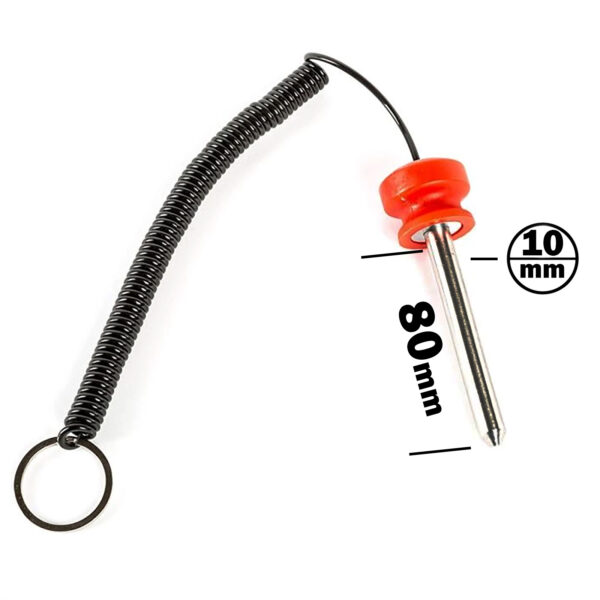 A Magnetic 10 mm x 80 mm Weight Stack Pin featuring a metal spike with a red plastic cap and a coiled black cord attached to a keyring.
