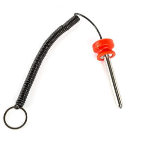 The Magnetic 10 mm x 80 mm Weight Stack Pin features a black coiled spring handle and a red plastic grip. It has a sharp end for securing equipment and a metal loop for easy transportation or attachment.