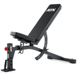 The ATX® FID Bench 520 2.0 is an adjustable, portable black workout bench with a padded seat and backrest. It features a sturdy metal frame, quick adjustment mechanisms, and a red safety pin. Ideal for diverse strength exercises, its perfect for fitness enthusiasts on the move.