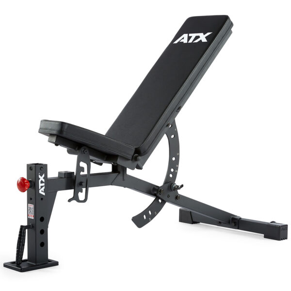 The ATX® FID Bench 520 2.0 is an adjustable, portable black workout bench with a padded seat and backrest. It features a sturdy metal frame, quick adjustment mechanisms, and a red safety pin. Ideal for diverse strength exercises, its perfect for fitness enthusiasts on the move.