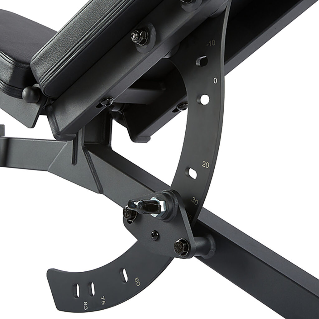 The ATX® FID Bench 520 2.0 features a portable design with an adjustable mechanism for changing angles, shown here at a 45-degree incline. It boasts visible numbered settings for precise adjustments and is crafted from sturdy metal.