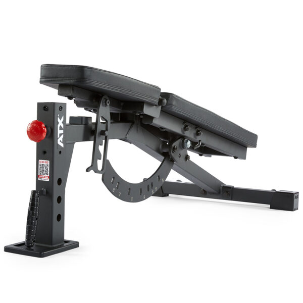 The ATX® FID Bench 520 2.0 features a black padded surface and a sturdy steel frame, adjustable to multiple angles, including declined positions. Its base stability makes it ideal for various workouts while remaining portable.