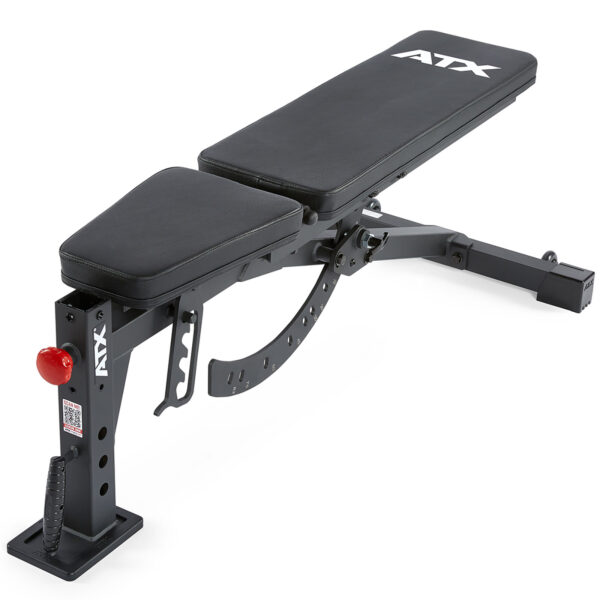 The ATX® FID Bench 520 2.0 is a portable adjustable weight bench with a padded black seat and backrest, featuring a red adjustment knob and sturdy metal frame, ideal for home or gym workouts.