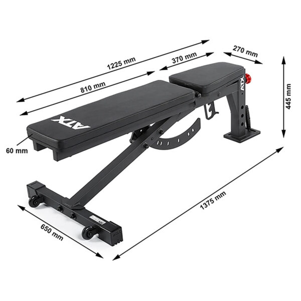 The ATX® FID Bench 520 2.0 is an adjustable, portable workout bench with dimensions: length 1375 mm, width 650 mm, height 445 mm. It features a cushioned seat and backrest marked with ATX, and includes wheels for easy movement.