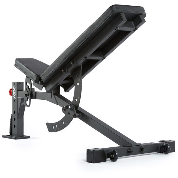 The ATX® FID Bench 520 2.0 is an adjustable weight bench with a sturdy steel frame, padded black seat and backrest. It features a lever for angle adjustments and wheels for easy mobility, allowing use in a partially inclined position.