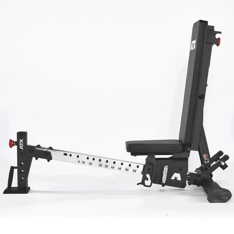 Adjustable FID gym bench with black padding and a sleek silver frame, offering multiple angle settings. It includes a leg holder at the base and is positioned against a plain white background.