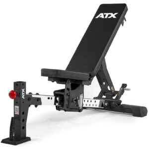 The FID bench features a padded backrest and seat with a black frame and multiple notches for height adjustments, offering incline, flat, or decline positions. The ATX logo is prominently displayed on the backrest and frame.