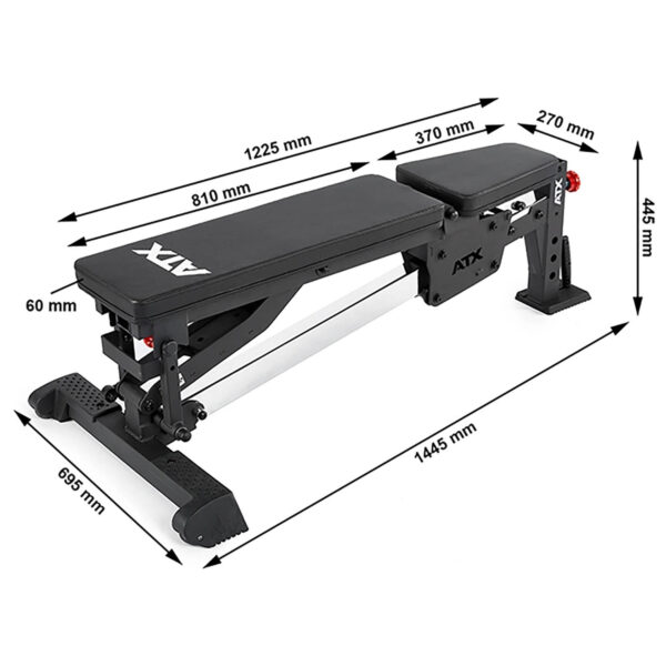Adjustable fid bench with measurements shown. The bench is black with labeled dimensions including a 1225 mm backrest length, 810 mm seat length, 370 mm width, and 60 mm padding thickness. Overall dimensions are a length of 1445 mm and height of 445 mm.