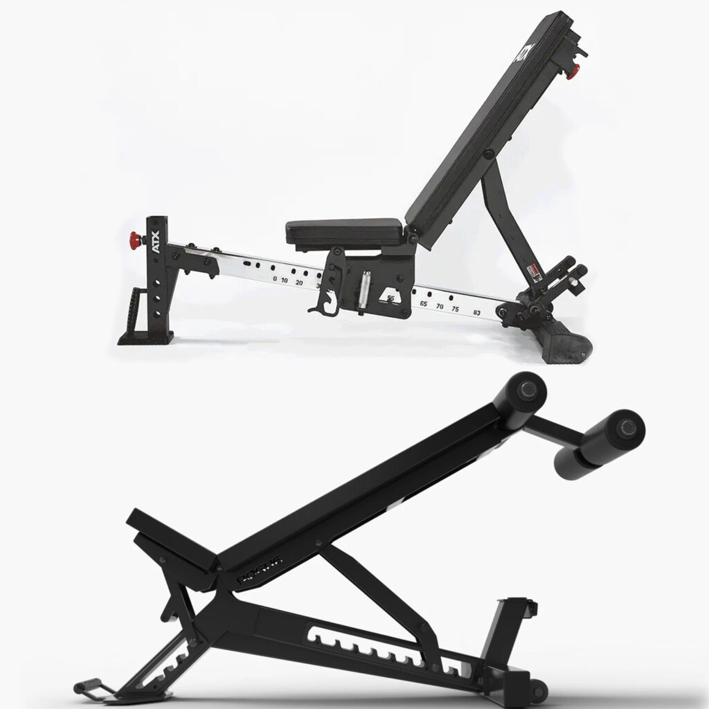 Two adjustable FID benches are shown. The top bench is in a partially inclined position with a red adjustment knob. The bottom bench offers similar incline options with foam rollers for leg support. Both are sleek and modern in design, perfect for versatile workouts.