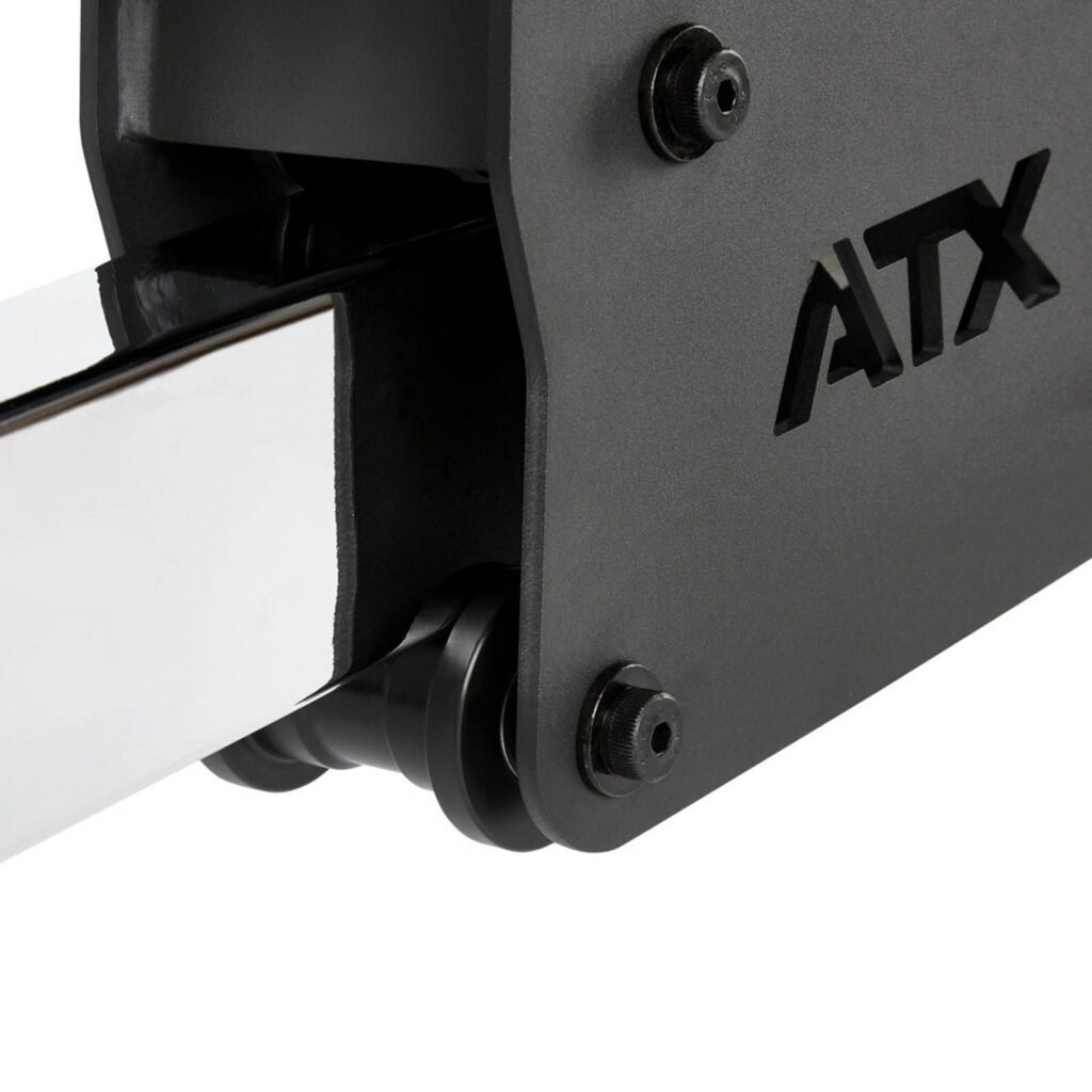 Close-up of a black ATX gym rack attachment with sturdy metal construction and visible bolts, perfectly compatible with a fid bench. The attachment features a glossy bar.