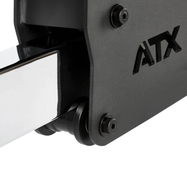 Close-up of a black ATX gym rack attachment with sturdy metal construction and visible bolts, perfectly compatible with a fid bench. The attachment features a glossy bar.