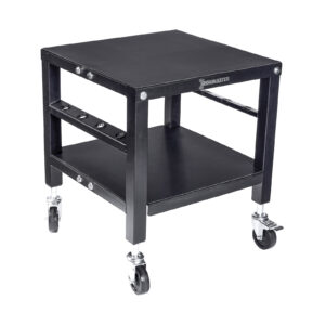 The Ironmaster QLDB Stand PRO is a sturdy black equipment cart with a square design, featuring a flat top surface for adjustable dumbbells, a lower shelf, four swivel casters for easy mobility, and a side rack for accessory storage.