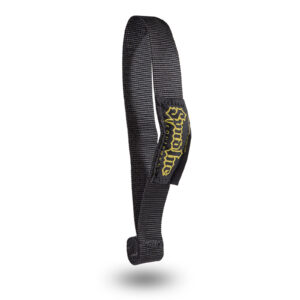 The Spud Inc Door Jammer, a black fabric wrist strap with an adjustable loop and yellow printed text on a sewn patch, stands upright against a white background.
