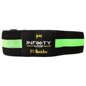 A black resistance band with a vibrant green stripe, labeled Spud Inc Infinity Loop in white and yellow text.