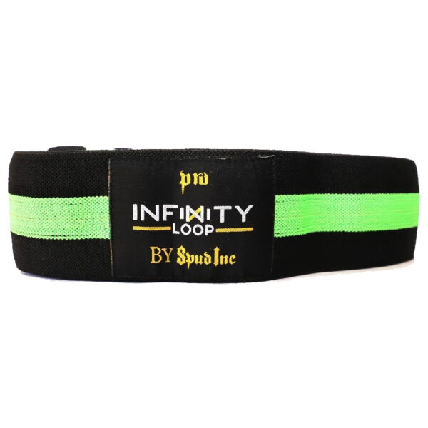 A black resistance band with a vibrant green stripe, labeled Spud Inc Infinity Loop in white and yellow text.