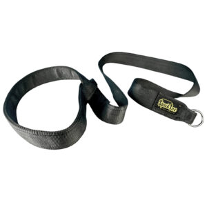 The Spud Inc One Sled Pulling Belty Strap is a black coiled fabric strap with multiple loops, featuring a yellow logo on one end and a metal ring.