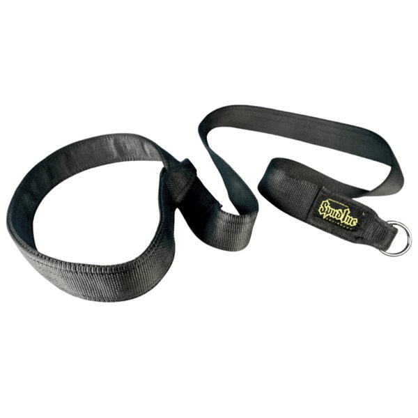 The Spud Inc One Sled Pulling Belty Strap is a black coiled fabric strap with multiple loops, featuring a yellow logo on one end and a metal ring.