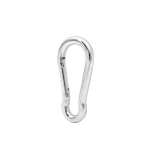 The Carabiner 6mms shiny silver finish and sleek design stand out against a plain white background. One end is open, showcasing its practical locking mechanism, making it ideal for any adventure or task.