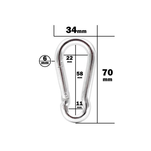 The Carabiner 6mm, in silver, is detailed with dimensions of 70mm height, 34mm width, and 6mm thickness. It has an inner length of 58mm, a side gap of 22mm, and an 11mm spring gap. These details are shown with black lines and text on a white background.