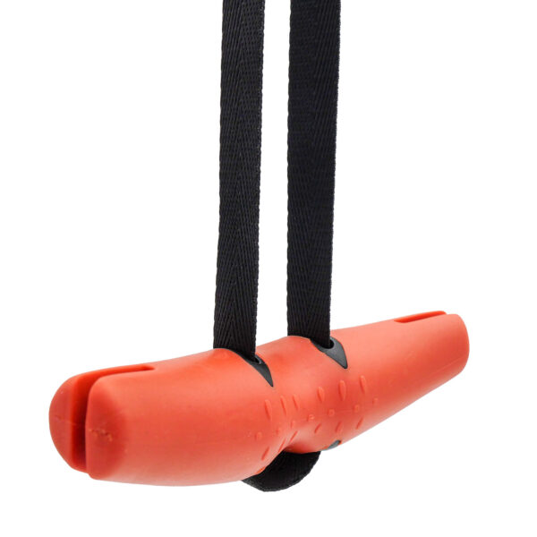 Close-up of a D Angle Grip V2 in red plastic with a cylindrical shape, two black straps threaded through, grooves, and a small opening at one end against a plain white background.