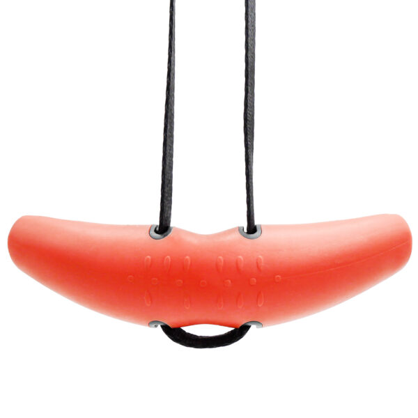 The D Angle Grip V2 is a red, curved boat fender featuring black ropes attached at both ends for hanging, with a surface adorned with small textured markings.