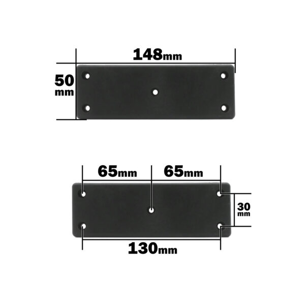 The ATX Squat Leverage Arm Rubber includes a black rectangular metal plate (148mm x 50mm) with five holes and another plate below (130mm x 30mm) with four holes spaced 65mm apart.