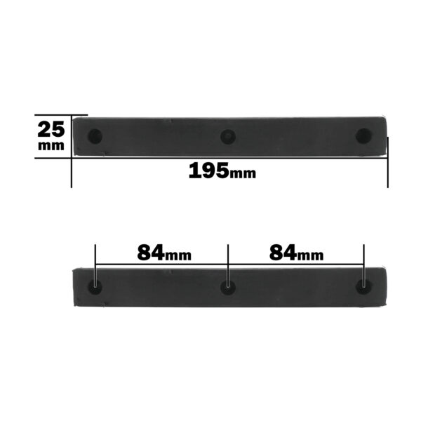 The ATX Bench Leverage Arm Rubbers display two horizontally aligned, black rectangular bars. The top bar measures 195mm in length and 25mm in height, while the bottom bar has two 84mm segments with three equally spaced holes visible.