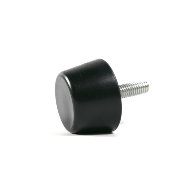 The Threaded Foot 32mm M8 is a black cylindrical rubber stopper with a metal screw protruding from one side, set against a white background.