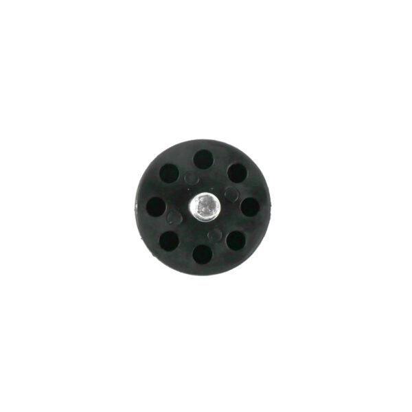 A circular black Threaded Foot 32mm M8 with multiple evenly spaced holes around the edge and a silver center is set against a plain white background.