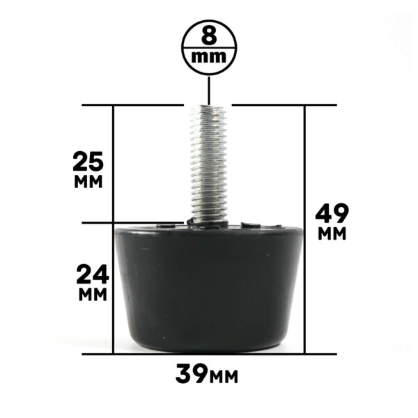 Close-up of the Threaded Foot 32mm M8, featuring a black rubber base and a threaded metal rod. Dimensions: 8mm diameter rod, 49mm total height, 39mm base diameter, 25mm rod height above base, and 24mm base height.