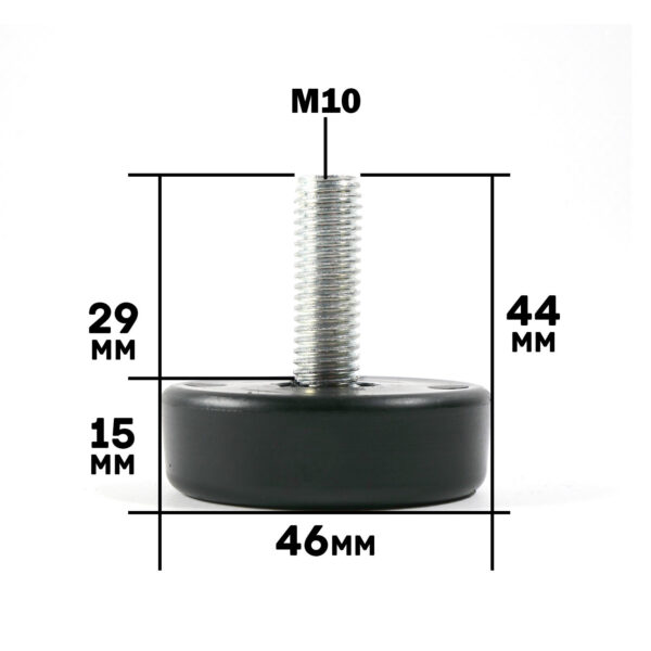 Threaded Foot 45mm M10 features a black adjustable leveling design with a metal stud. Dimensions: 44mm stud length, 15mm base thickness, total height 29mm, 46mm base diameter, and M10 thread size.